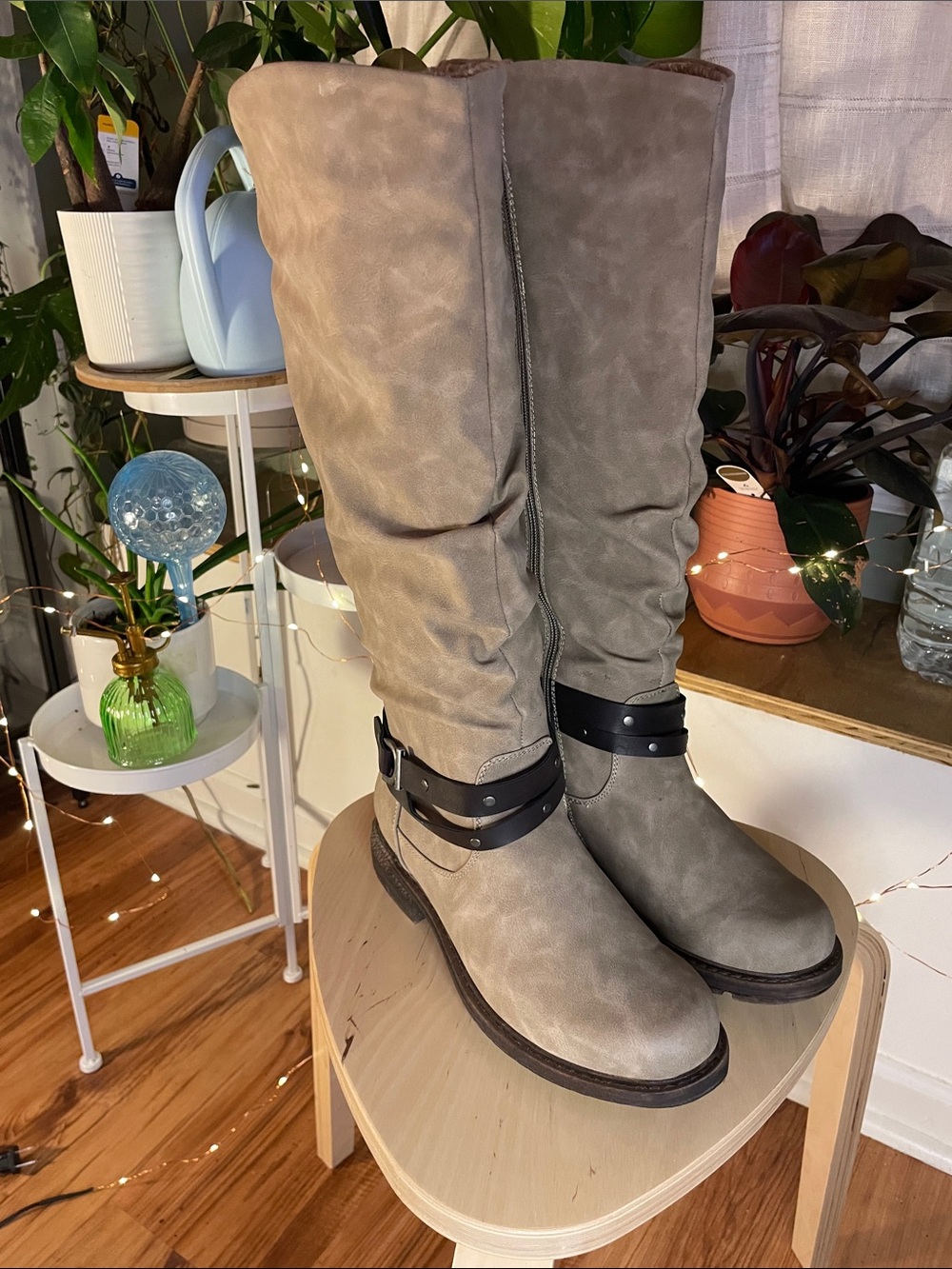 Muk Luks Taupe Knee-High Riding Boots with Black Buckle Strap